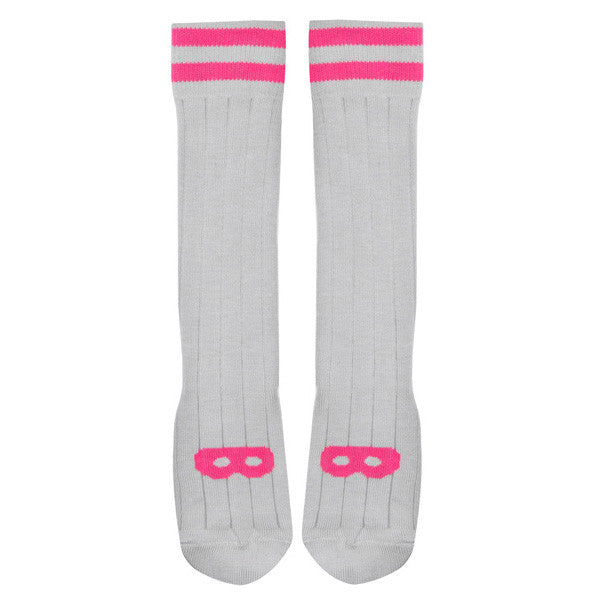 Knit Knee High Ribbed Socks, Dove Grey, Neon Pink Mask