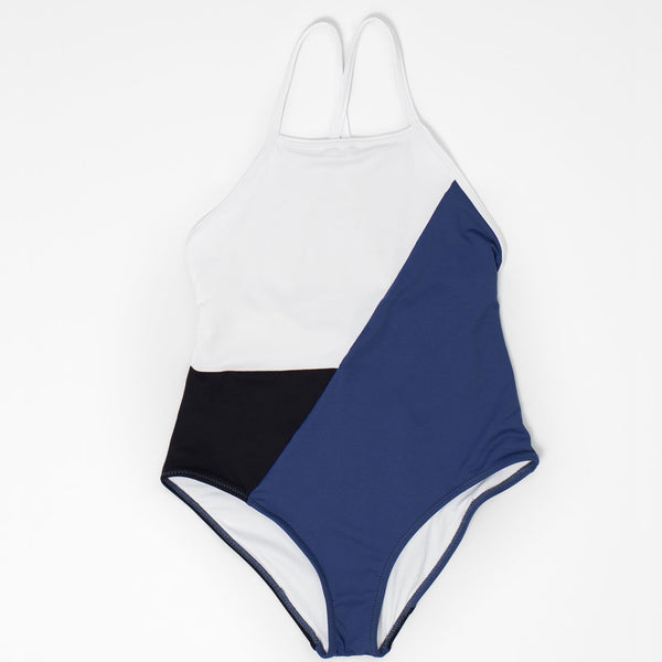 Color-block Swimsuit, Blue, Black & White