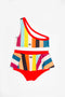One Strap Bikini Multicolor stripes print & red