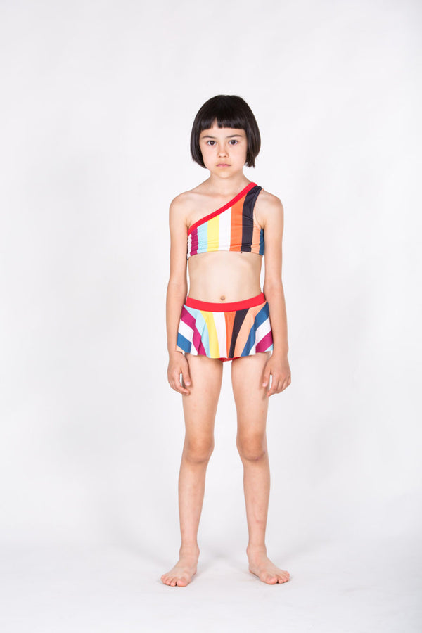 One Strap Bikini Multicolor stripes print & red