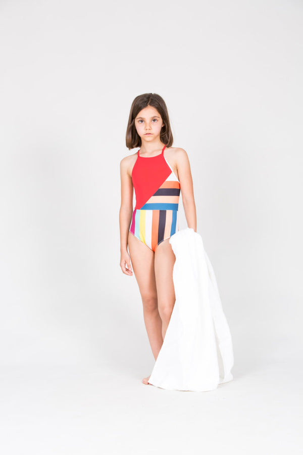 Thin Straps Swimsuit Multicolor stripes print & red